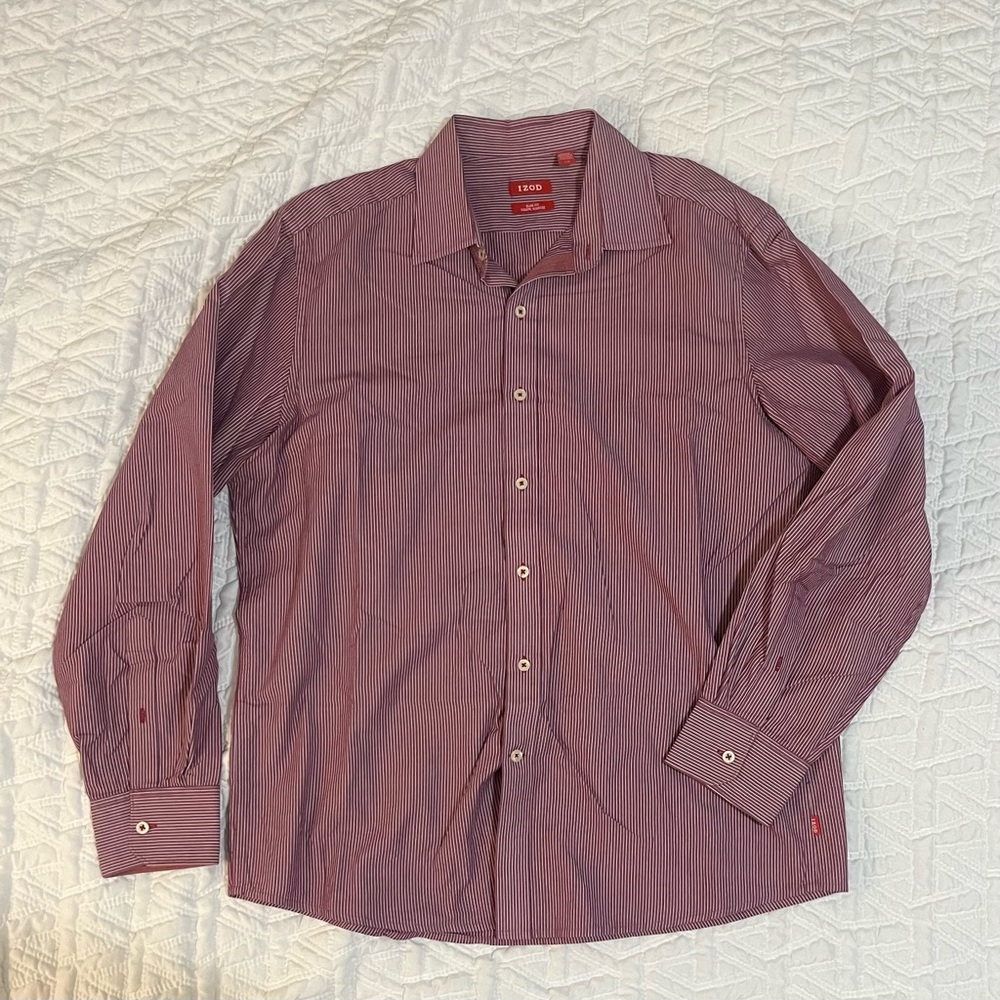 Izod Casual Long Sleeve Red Striped Slim Fit Shirt EUC size L 100% cotton